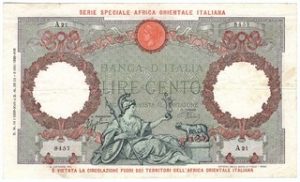Figura 10 – Recto del biglietto da 100 lire Africa Orientale Italiana 1938